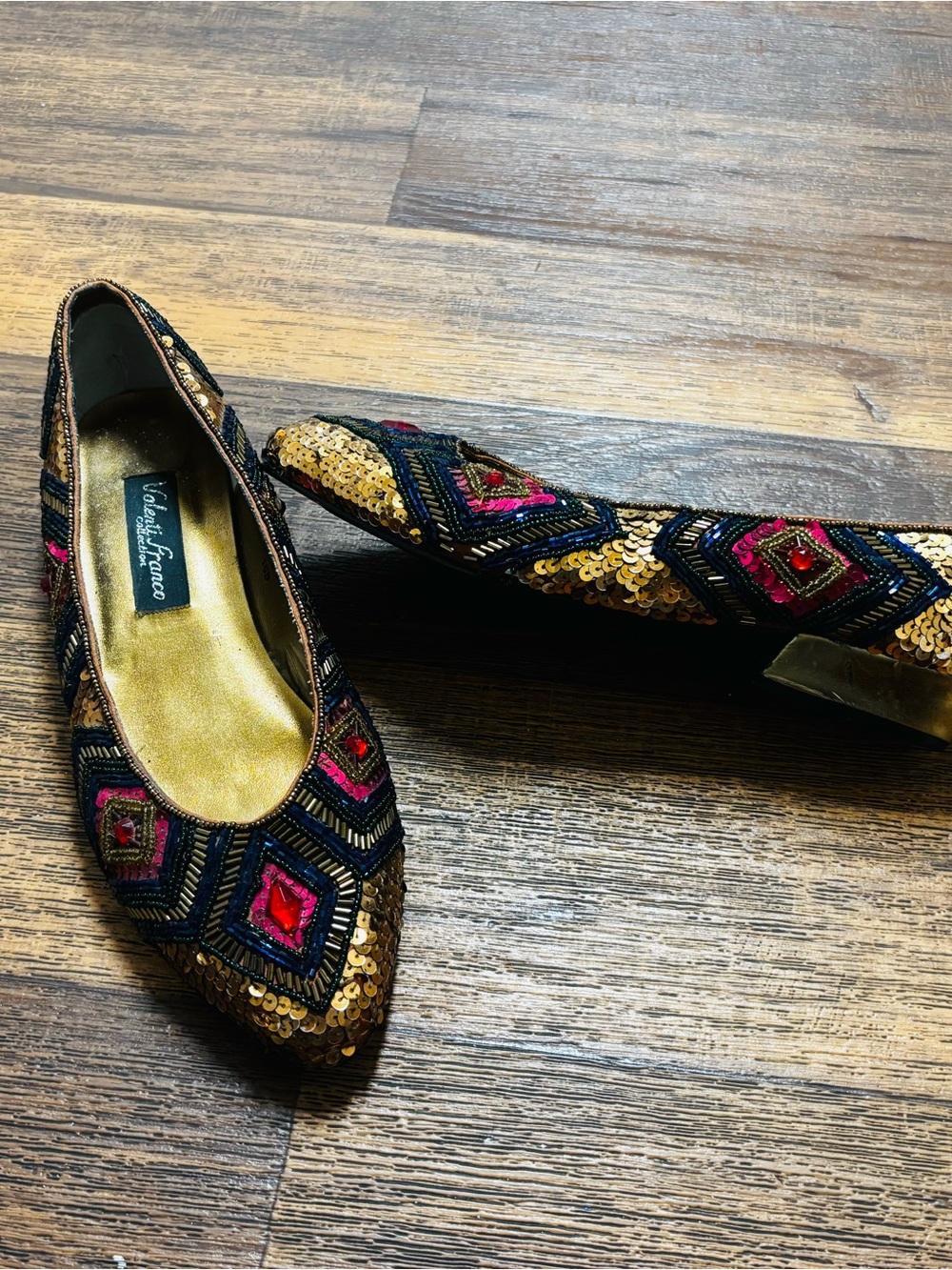 Women's Embellished Pointed Ballet Flat - Black & Gold with Pink Accents - Picture 10 of 10